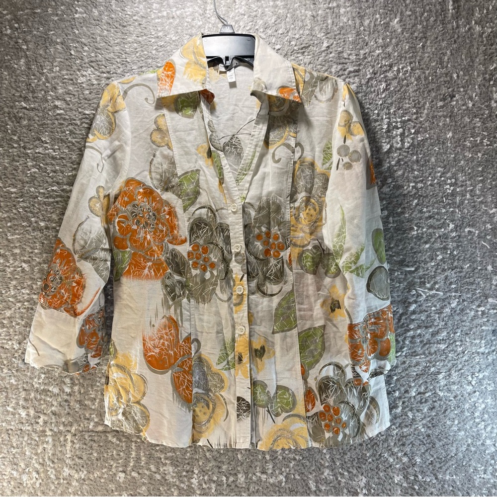 HARVE BENARD Women Button Up 3/4 Sleeve Floral Linen Blend Collared Size Medium